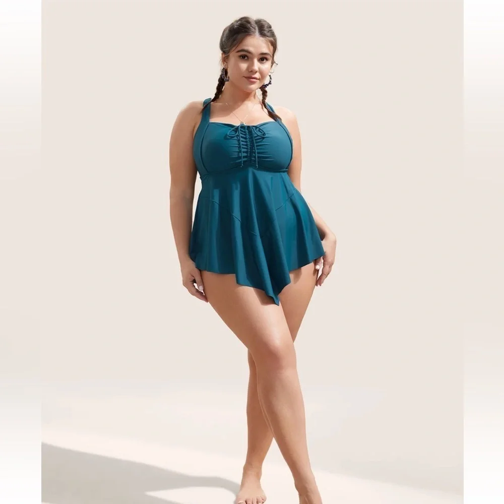 BloomChic Plus Size XL Plain Gathered Adjustable Straps Drawstring Swim Dress - Picture 4 of 8